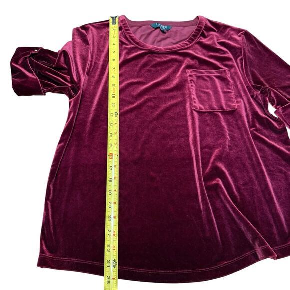 RALPH LAUREN L Women Burgundy Stretch Velvet Velour Pullover S/S Pocket Top - Picture 12 of 12